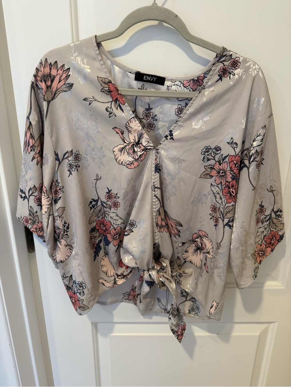 ENVY Gray Floral Tie-Front Blouse with Pink Accents